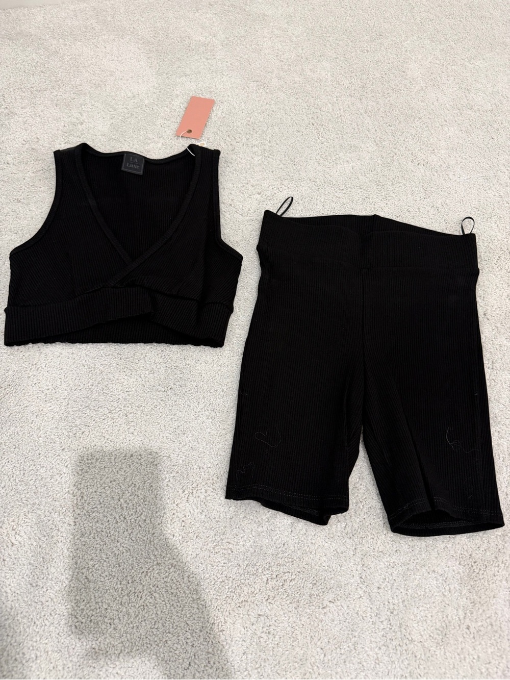 Black Ribbed Crop Tank and Bike Short Set